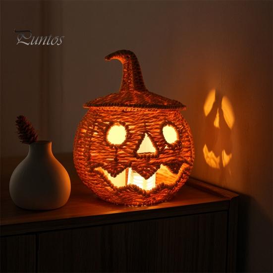 Halloween Candy Holder Handwoven Pumpkin Basket, Spooky Storage Basket with Lid, Vintage Wicker Rustic Seagrass Light Up Lantern LED Candle for Table