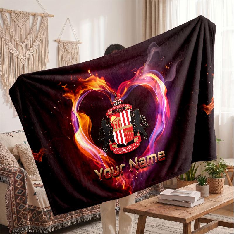 Sunderland FC Personalized Fleece Blanket With Football Logo, Custom Name Text Soft Warm Home Throw Blanket