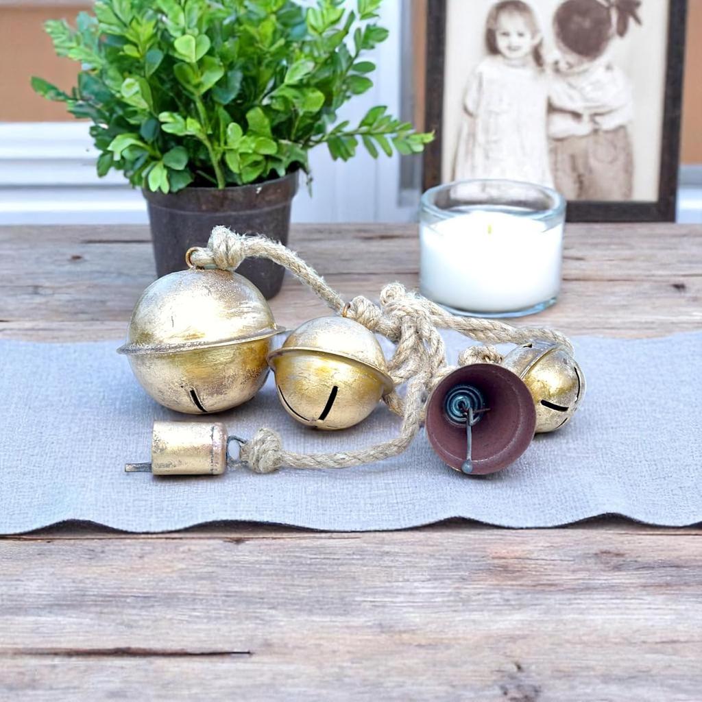 Rustic Gold Metal Wind Chime 22" Long with 5 Mixed Shape Bells, Handmade Jute Rope Hanging Decor for Garden and Home