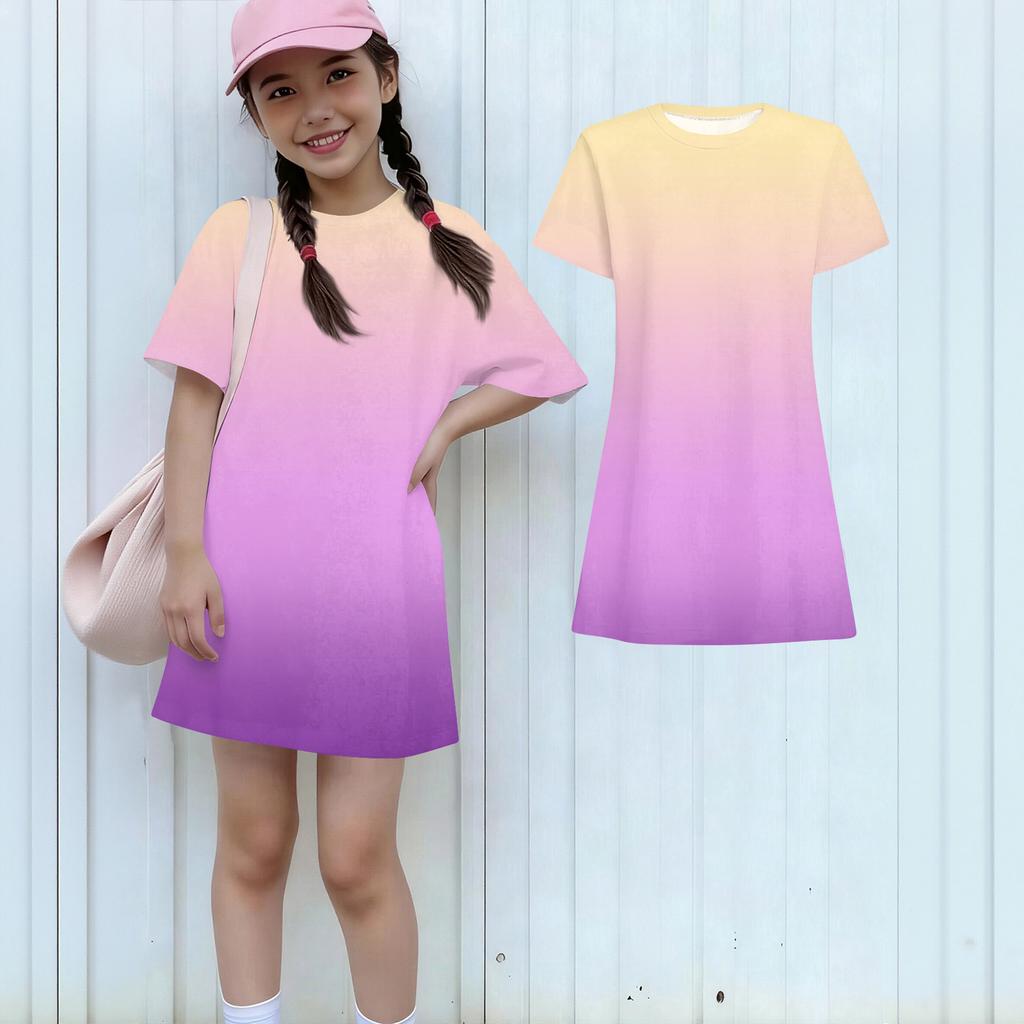 Girls Casual Sundress Kids Loose Round Neck Short Sleeve Lightweight Dress