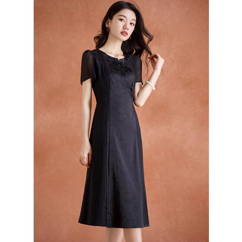 New Chinese Style Qipao Knot Button Lace Stitch Black Dress