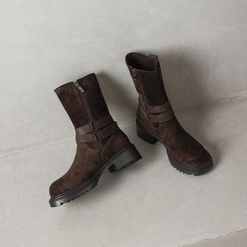 Krazing Pot Fashion Cow Suede Nubuck Winter Round Toe Modern Boots Med Heels Zipper Metal Buckle Mid-calf Boots