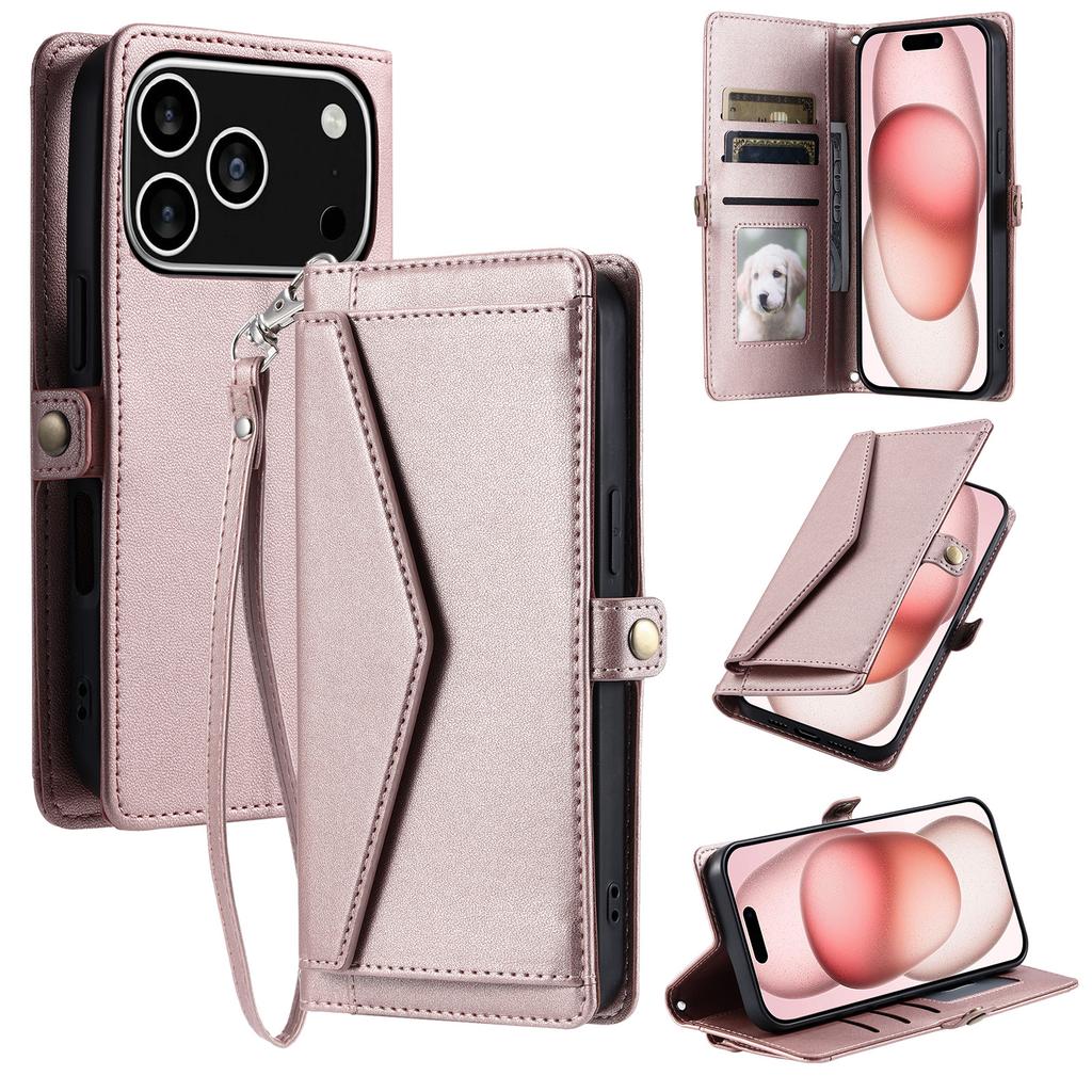 For iPhone 17 Pro Leather Case with Wrist Strap Wallet Stand Phone Cover