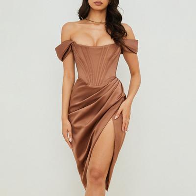 Abendkleid, drapiertes Satin, Sommer, schulterfrei, Schlitz, Korsettkleid für Cocktailparty