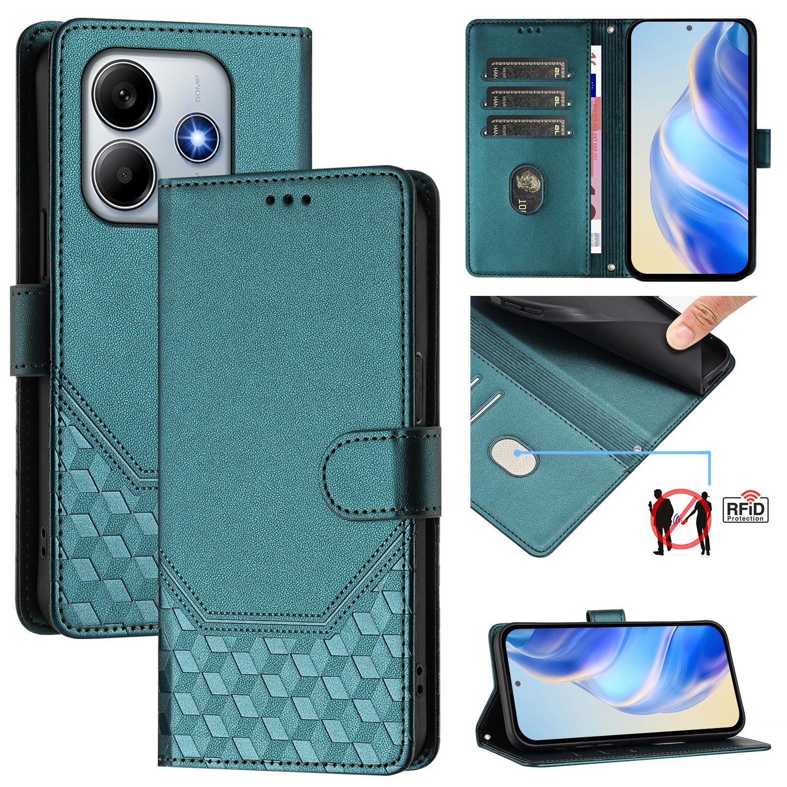 

For Xiaomi Redmi Note 14 5G Case Imprinted Honeycomb RFID Blocking Leather Phone Cover with Strap D