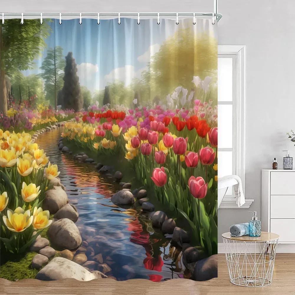 Colorful Flowers Green Plants Shower Curtain Trees Spring Landscape River Tulip Bathroom Curtain Polyester Bathroom Decoration