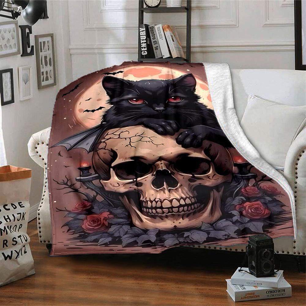 1pc Cat, Halloween Skull Blanket Lightweight Flannel Blanket Throw Blanket For Sofa, Bed, Travel, Camping, Livingroom, Couch, Chair, And Bed yy2509026