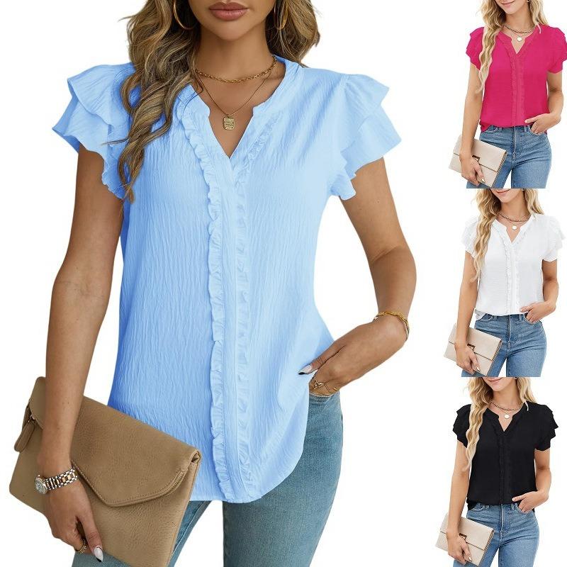 Summer Fashion Ruffled V-neck Women's Pullover Double Layered Short Sleeved T-shirt
