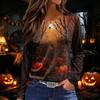Women's Long Sleeve Round Neck Top with Halloween Print and Side Split Hem