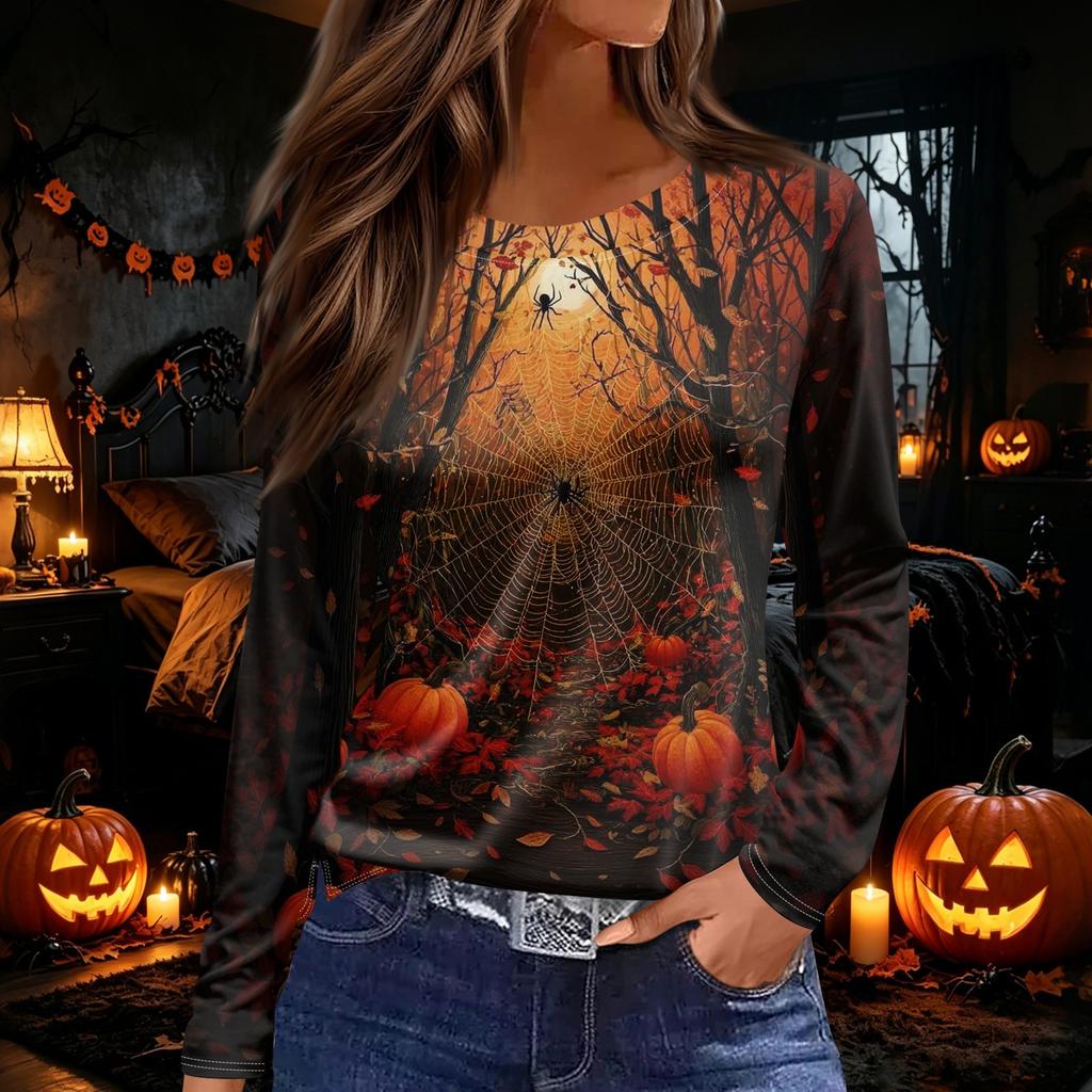 Women's Long Sleeve Round Neck Top with Halloween Print and Side Split Hem