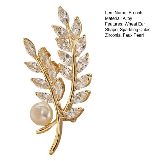 Women Brooch Sparkling Cubic Zirconia Wheat Ear Design Suit Lapel Badge with Imitation Pearls Scarves Dresses Accessories