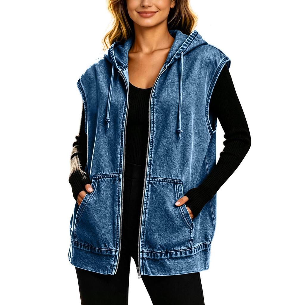 Women's Casual Hooded Denim Vest with Full Zip