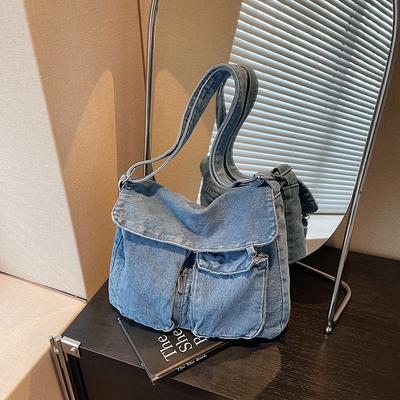 Sac en Jean Multi-Poches Grande Capacité Rétro Sac à Bandoulière pour le Quotidien