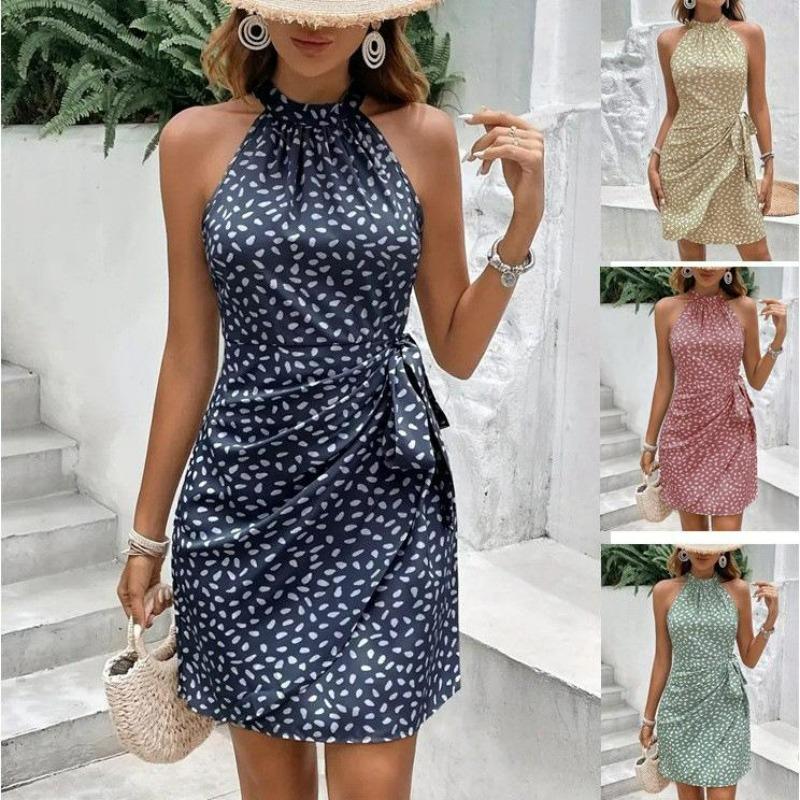 Women's Halter Neck Printed Mini Dress Sleeveless Tie Waist Vacation Sundress