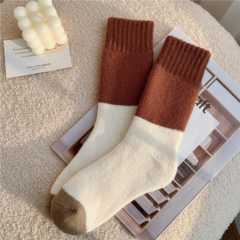 Women's Warm Cashmere Bowknot Mid-Calf Socks - Autumn/Winter Velvet, Thick Terry Cloth, Coffee Color, Over-the-Knee, Postpartum