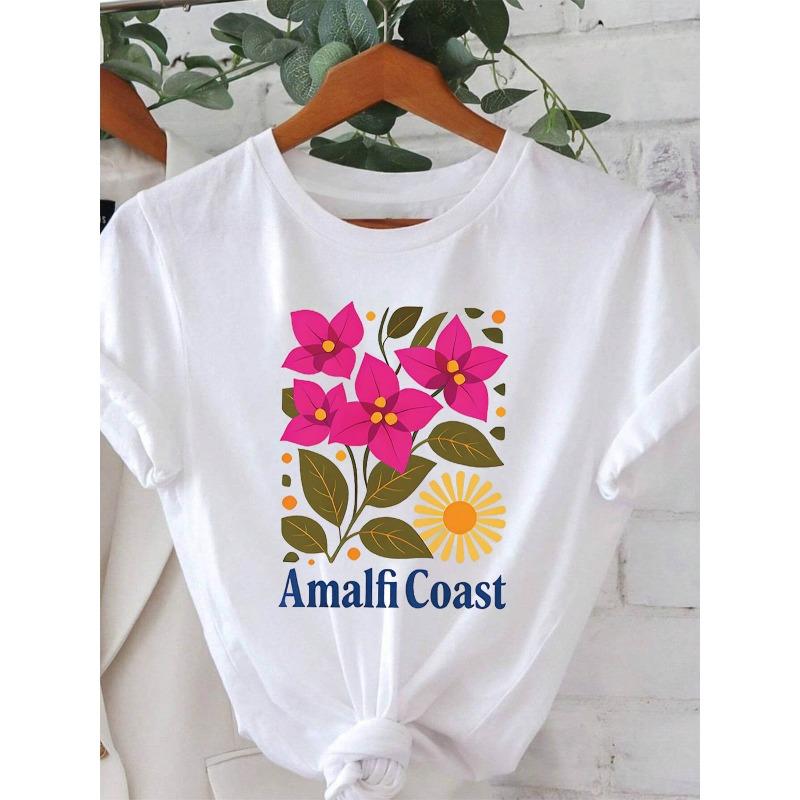 Amalfi Coast Bougainvillea Print Women S T-Shirt Italy Travel Beach Vacation Top Fresh Retro Style Short Sleeve Travel Vibe Tee S белый