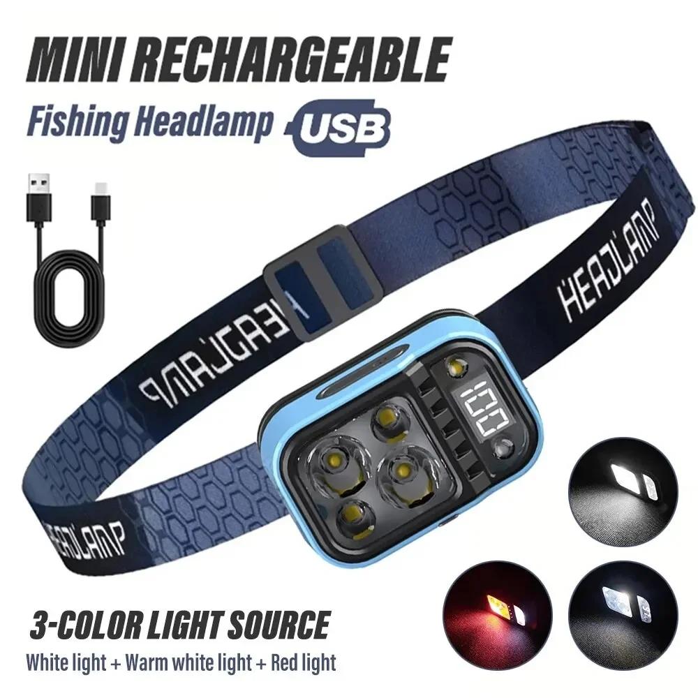 LED Rechargeable Fishing Headlamp with Sensors and Battery Indicator Super Bright Camping Light Using XPG+COB Lamp Beads