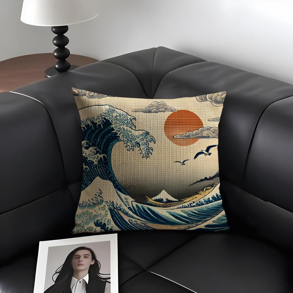 Waves Japanese Style Cushion Cover Natural Linen Organic Fabric DoubleSided Printing Sofa Home Decor Gift Pillow Case 30x30cm