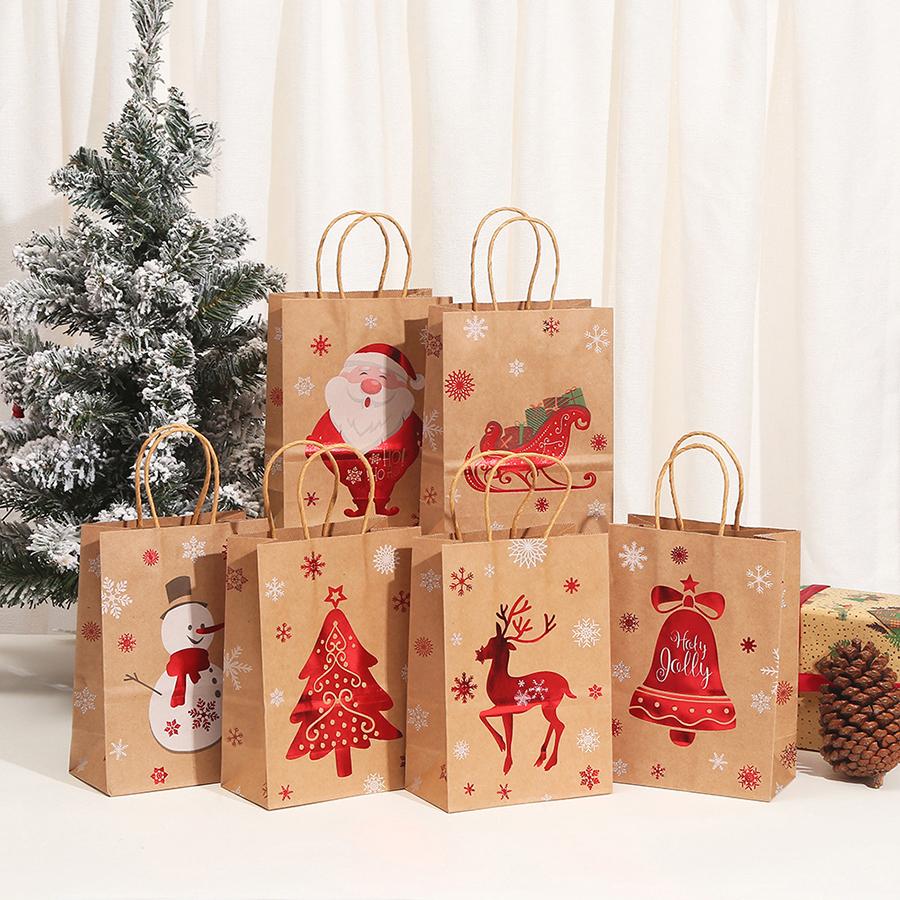 5PCS Christmas Tote Bag Christmas Eve Party Gifts Kraft Paper Gift Bags Hot Stamped Elk Snowflake Bags