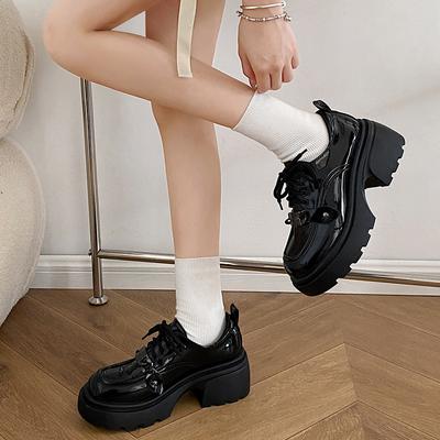Black British Style Heightened Platform Small Leather Shoes Women's 2025 New Summer Thick Heel Round Head Versatile Lace-up Single Shoes