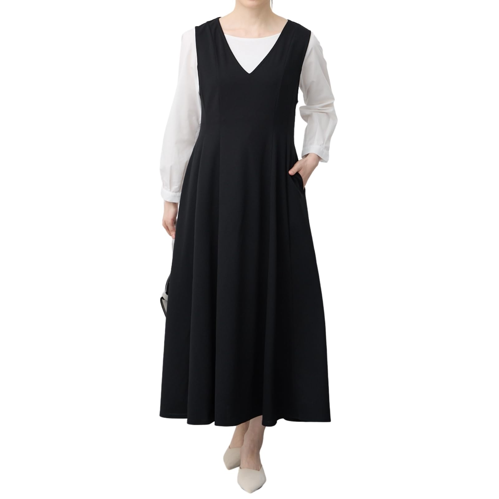 

[evene] Women s Sleeveless Dress, Jumper Skirt, V-Neck, with Pockets, Easy Care, Black (Free Size)
