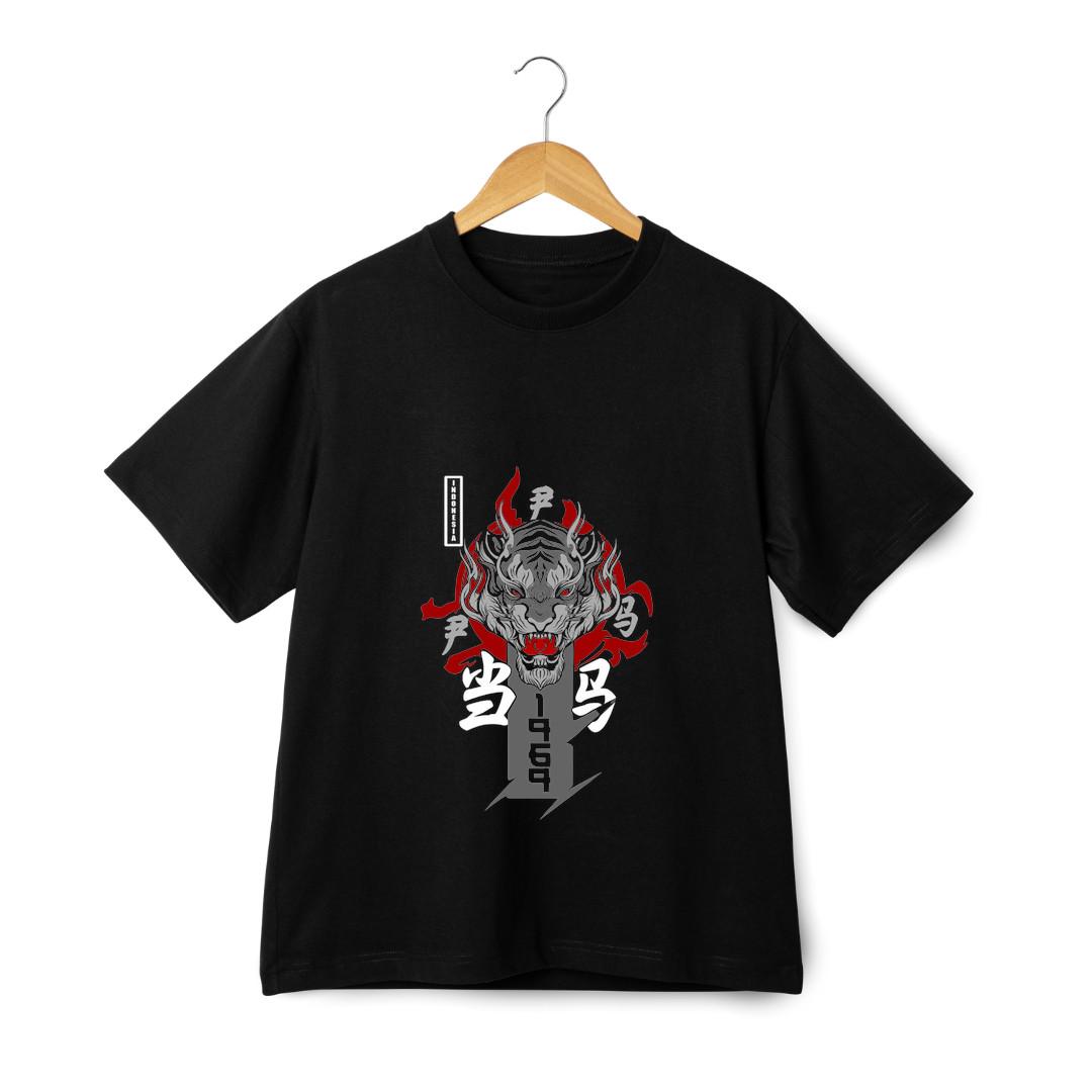 Japanese Oni Mask Graphic T-Shirt Mens Womens Tees Top - Streetwear Demon Flame Style Tee S