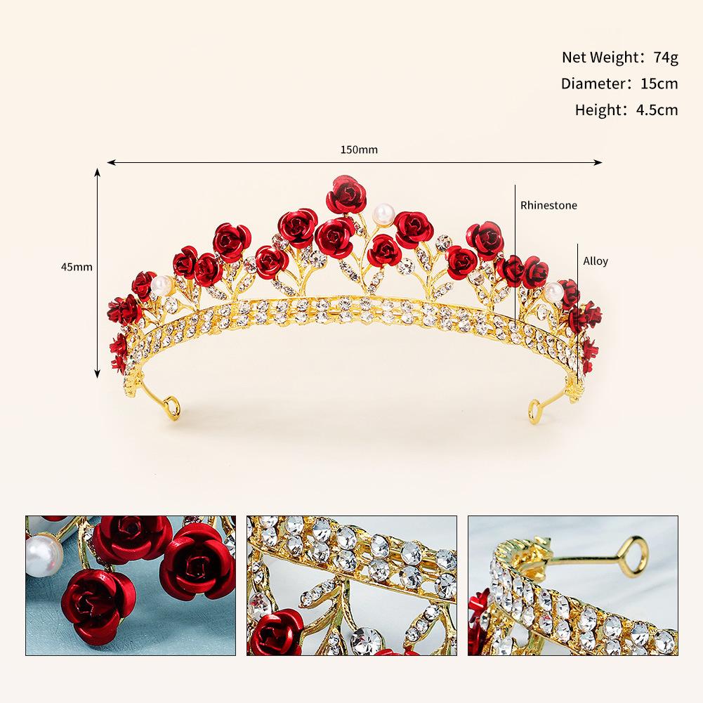 Luxury Gold Red Rose Rhinestone Bridal Tiaras Crown Vintage Baroque Crystal Diadem For Brides Headbands Wedding Hair Accessories