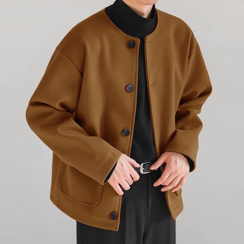 Autumn Winter Men's Fashion Korean New Outfit Hombre Elegante Casual Design Collarless Loose Woolen Jacket