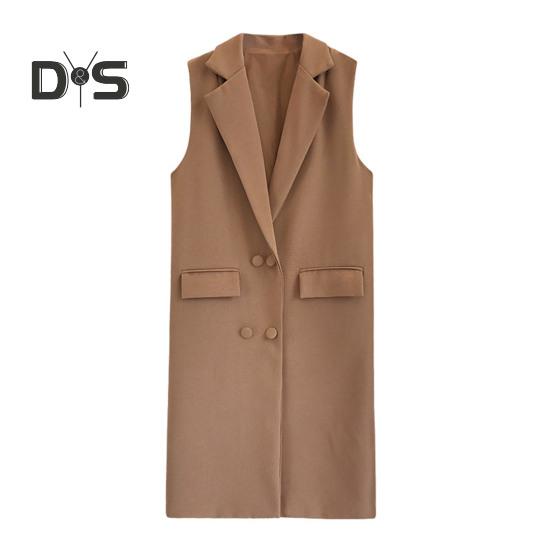 Høst Vår Dame Vest Nedrekket Krage Dobbeltspent Løs Ermeløse Knelengde Lommer Cardigan Ensfarget Daglig slitasje Vest Frakk