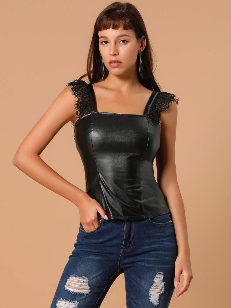 Allegra K Faux Leather Camisole Tank Top with Lace Size M Women's Trim, Black,