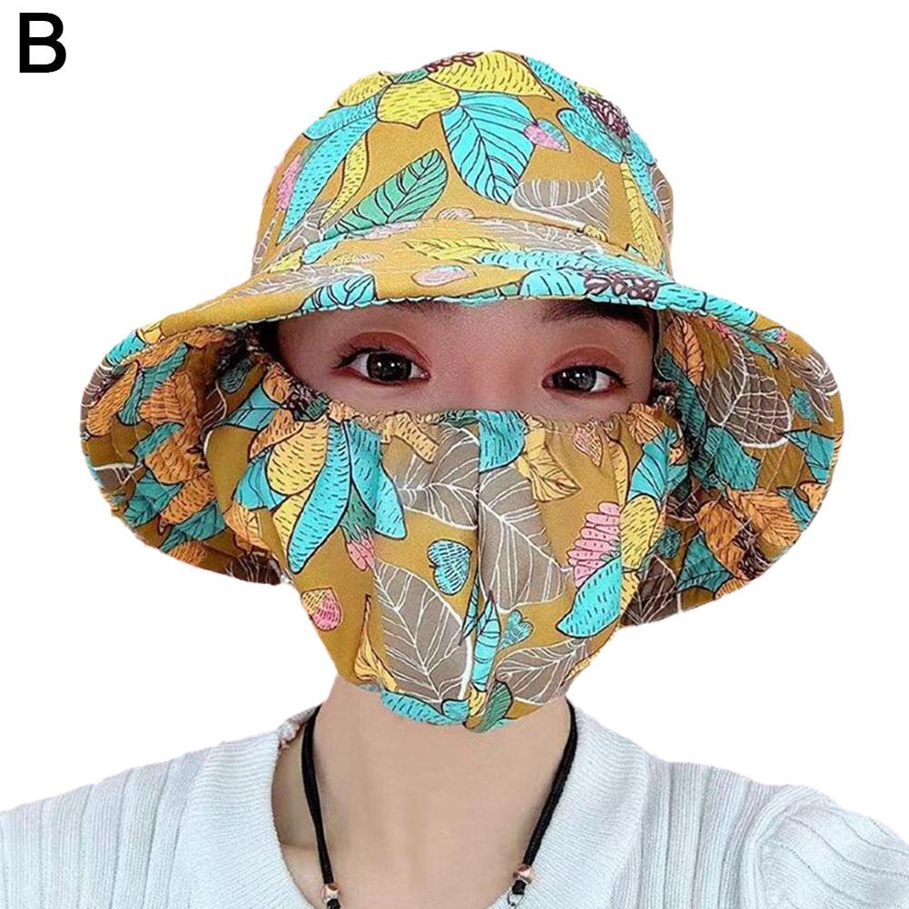 Women Anti-UV Sun Hat Beach Foldable Sunscreen Floral Print Caps Neck Face Care Wide Brim Hat New Summer Outdoor Riding