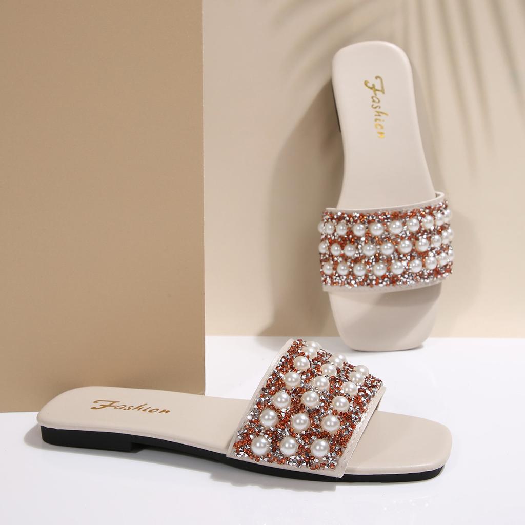 [Foreign Trade] 2025 European Station Golden Velvet Fashion Outer Wear Rhinestone Pearl Holiday Flat Slippers Sandals