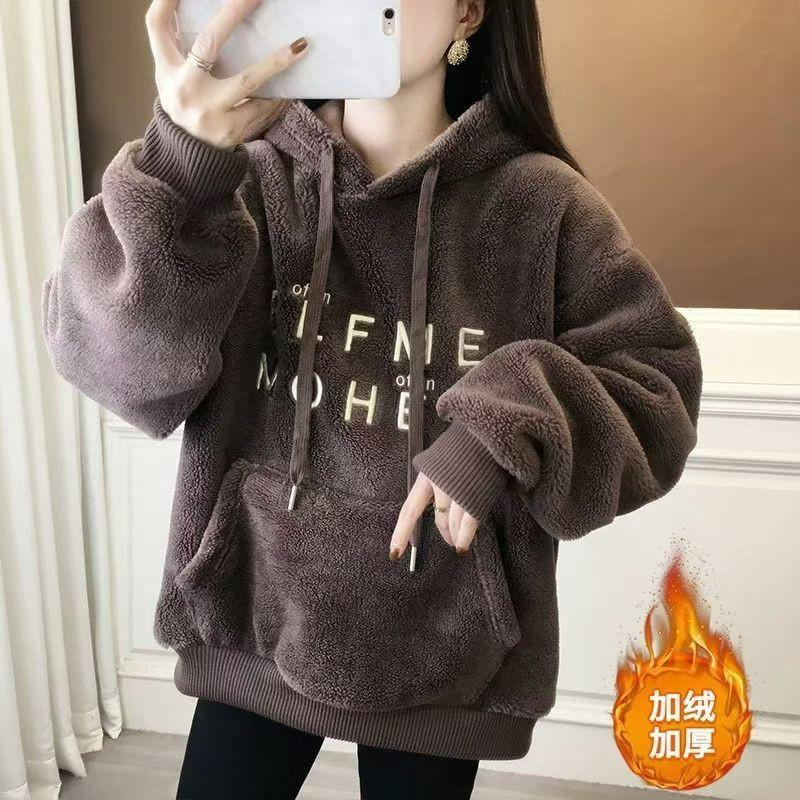 Womens Fleece Hoodie Thick Warm Winter 2026 Letter Embroidery Casual Loose Fit Sweatshirt