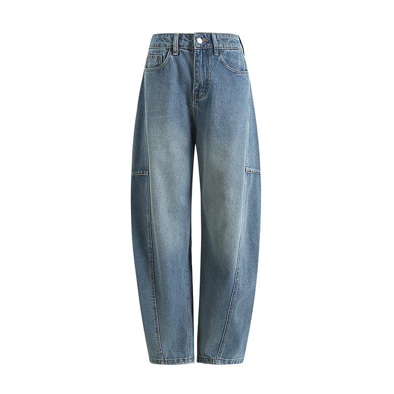 Women Deconstructed Seam Banana Jeans Mid Waist Loose Curved Cocoon Wide Leg Denim Trousers