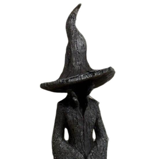Halloween Tree Root Witch Statue Spooky Black Witch Figurine Resin Sculpture Home Office Holiday Party Decoration Ornament