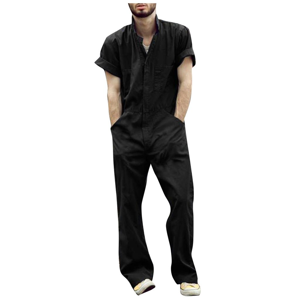 Men's Multi Pocket Design Solid Color Casual Lapel Zip Closure Loose Cargo Jumpsuit