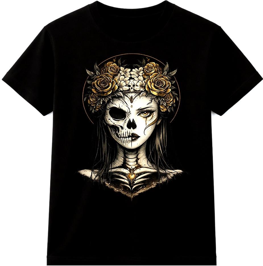 Gothic Sugar Skull Woman T Shirt Floral Crown Graphic Day of Dead Tee Top S