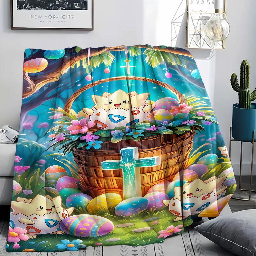 1Pc Easter Pokemon Print Flannel Blanket, High quality Comfortable for All Seasons, Home Decor, Warmth and Comfort, Perfect for Christmas Gifts