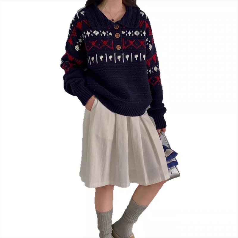 Elegant Printed Loose Knitted Women Sweater Autumn Winter Outer Wear Loose Thickened Sweaters Long Sleeve Casual Office Tops Simple Lapel Clothing