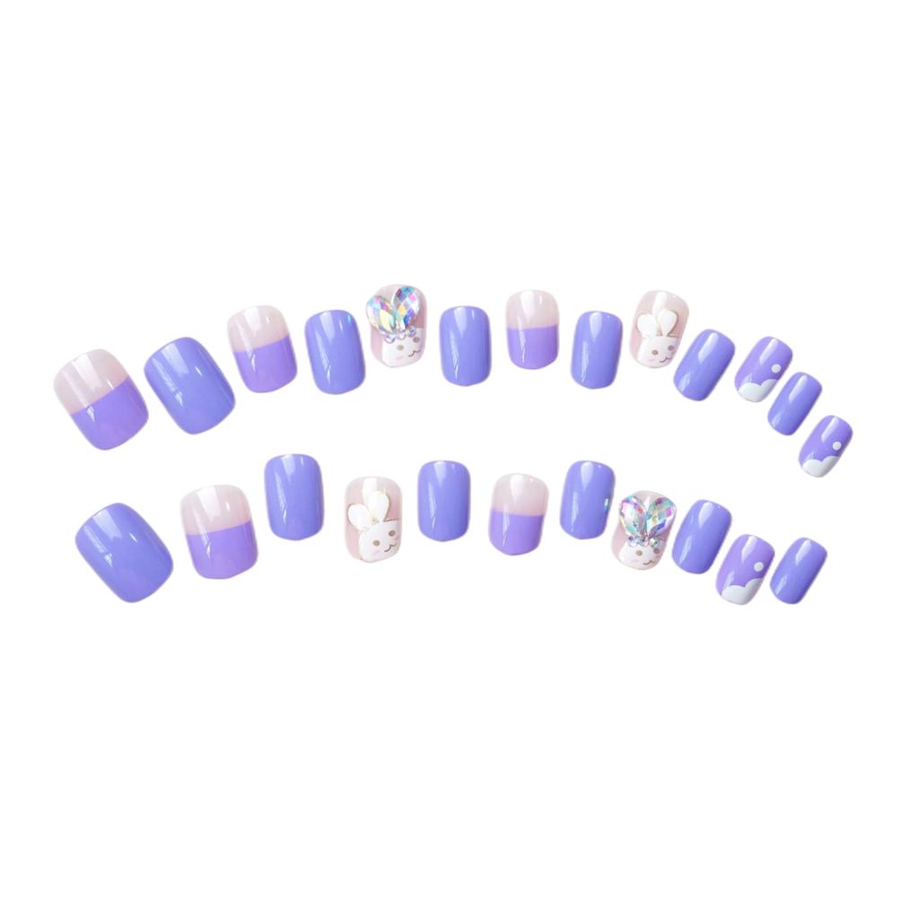 24Pcs Purple Bunny Design Full Coverage Press On Nails Artificial Removable Fake Nail Art Acrylic False Nails Finished