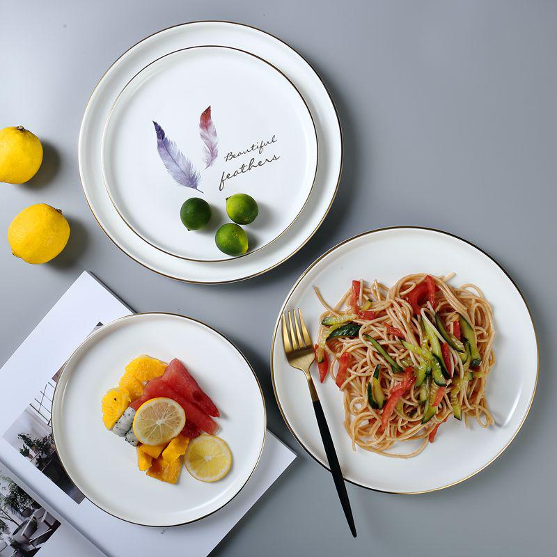Elegant Gold-Rimmed Ceramic Round Plate for Steak, Pizza, and Vegetables - Japanese Tableware