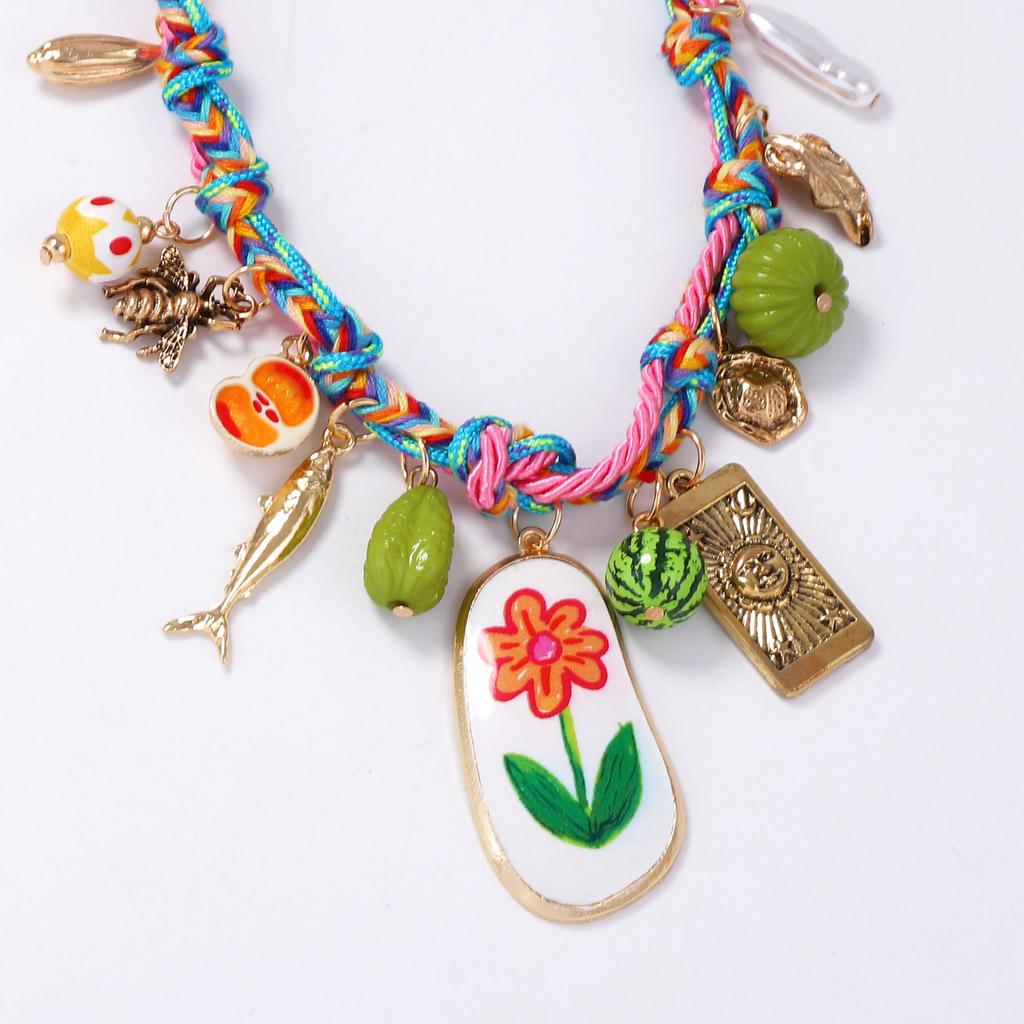 Summer fresh and simple dopamine color hand-woven rope alloy flower fruit pendant women's necklace