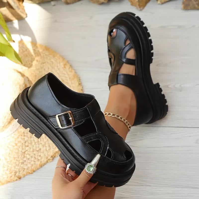 Black Pu Leather Thick Bottom Rome Sandals Women Summer Closed Toe Platform Sandles Woman Fashion Non Slip Beach Sandalias Mujer