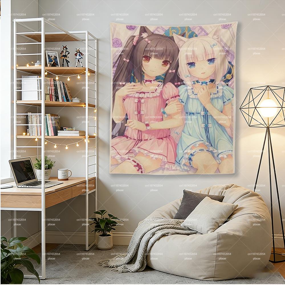 Nekopara Chocola Vanilla Tapestry Cute Neko Girls Anime Wall Hanging Kawaii Cat Girl Bedroom Dorm Decor for Fans