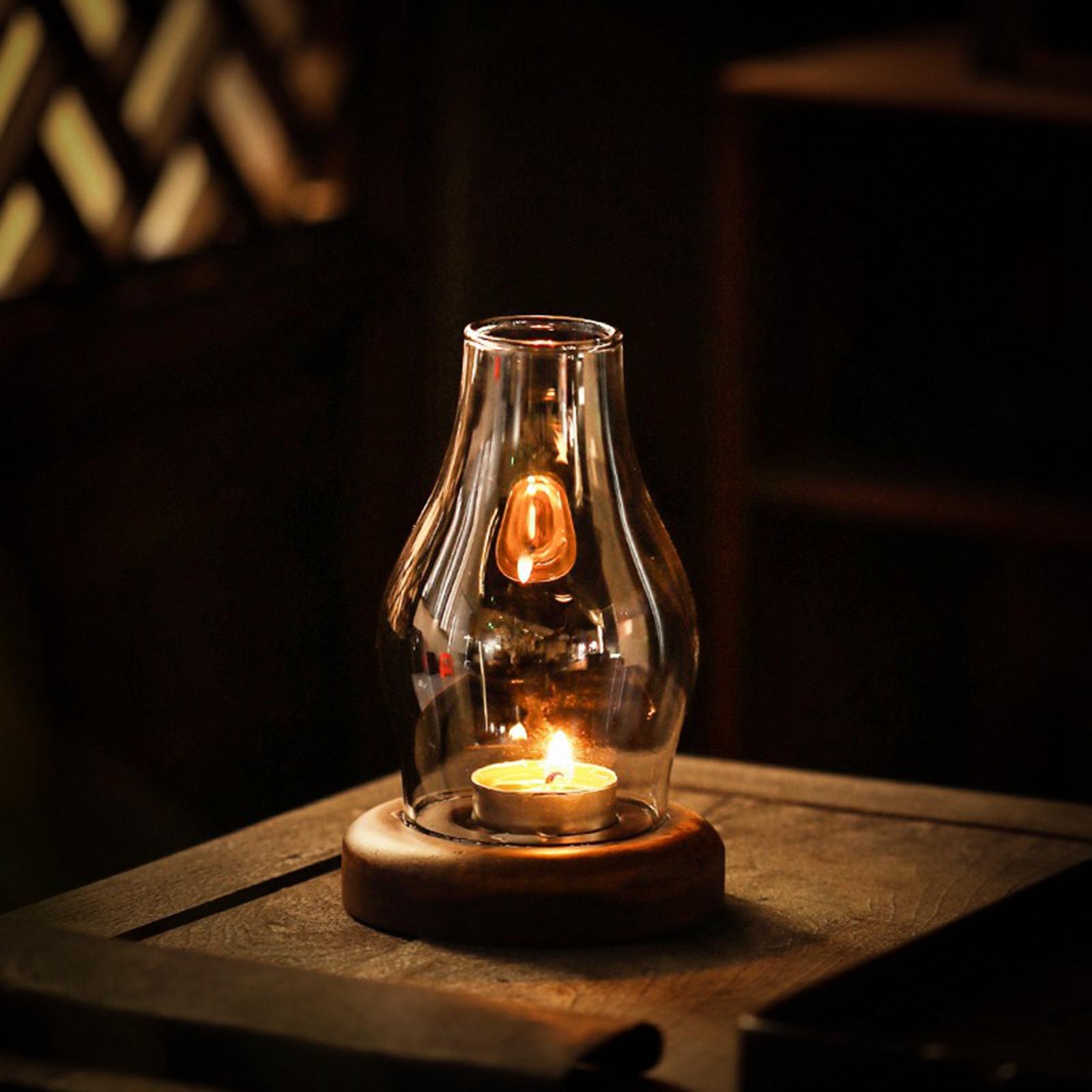 Windproof Candle Holder Romantic Creative with Wood Base Elegant Glass Candle Holder for Shelf Cafe Anniversary Birthday Office