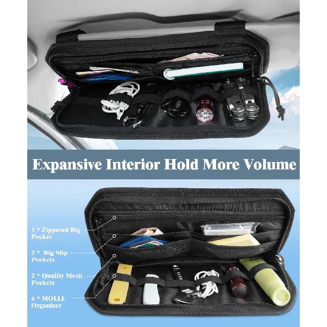DEEPLITE Organizer na osłonę przeciwsłoneczną do samochodu Z podwójnym zamkiem Wielokieszeniowy i Klips na okulary, Półsztywny Panel Molle z naszywką na niezbędne rzeczy do jazdy - Ciężki