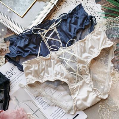 Ropa interior con cordones, seductora y sexy, de color retro, de seda helada, bragas de cintura baja con gasa para mujer