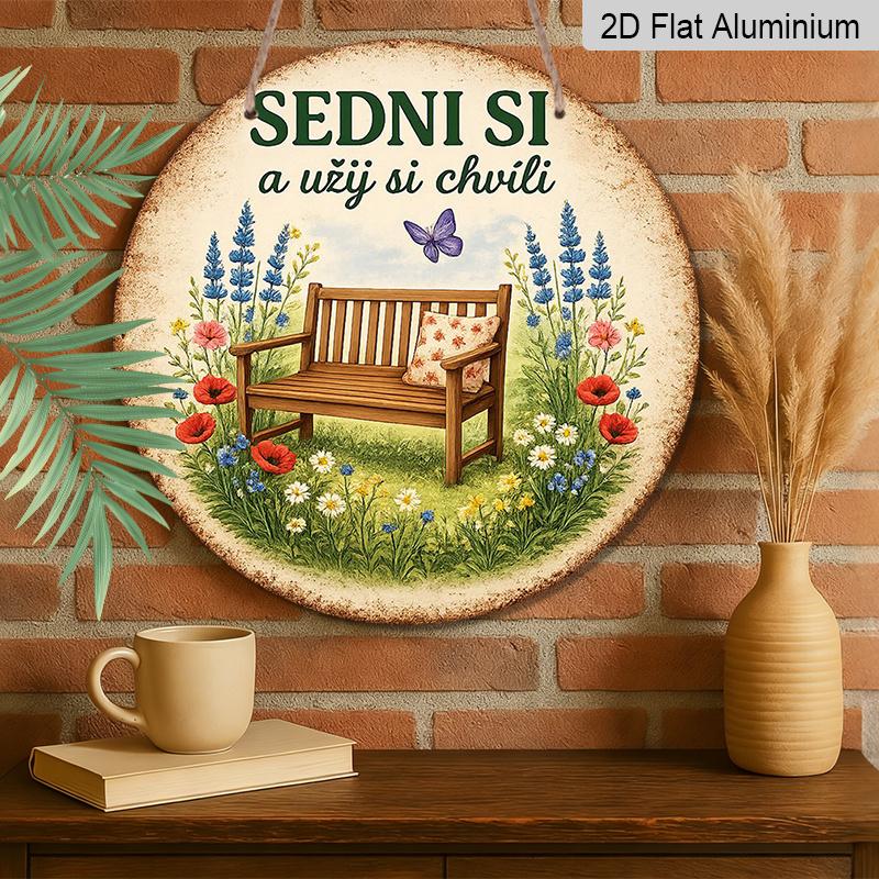 2D Flat - 1pc Round Aluminum Metal Sign, Vintage Plaque About "Sit Down And Enjoy The Moment", "Garden Bench Butterfly Flowers" Decorative Sign