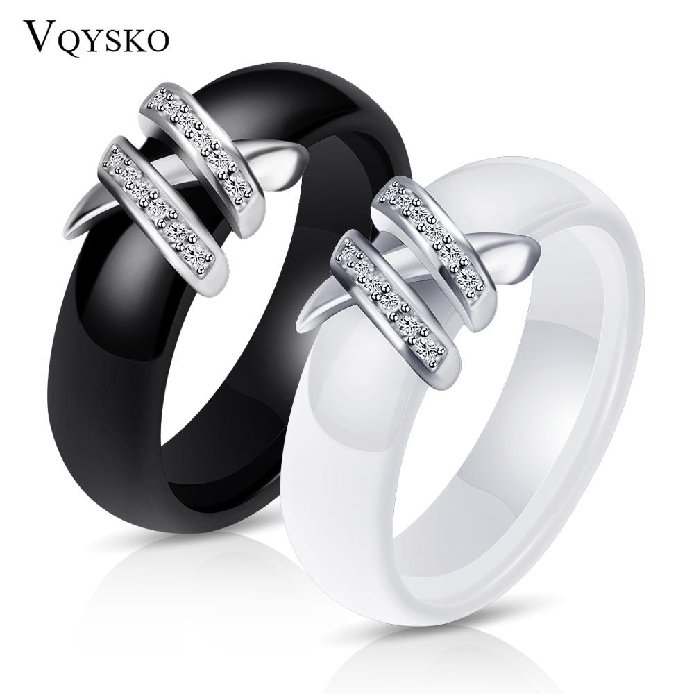 New Arrival 6mm High Quality Black and White Simple Style Two Line Crystal Ziron Ceramic Rings for Women