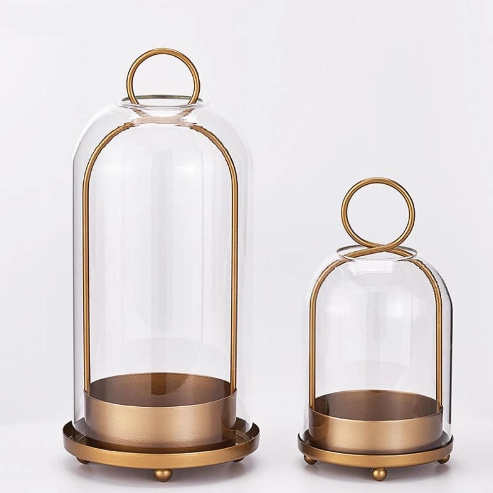 Vintage Brass Metal Candle Holder Set Glass Dome Table Candlelight Ornaments Hanging Decor